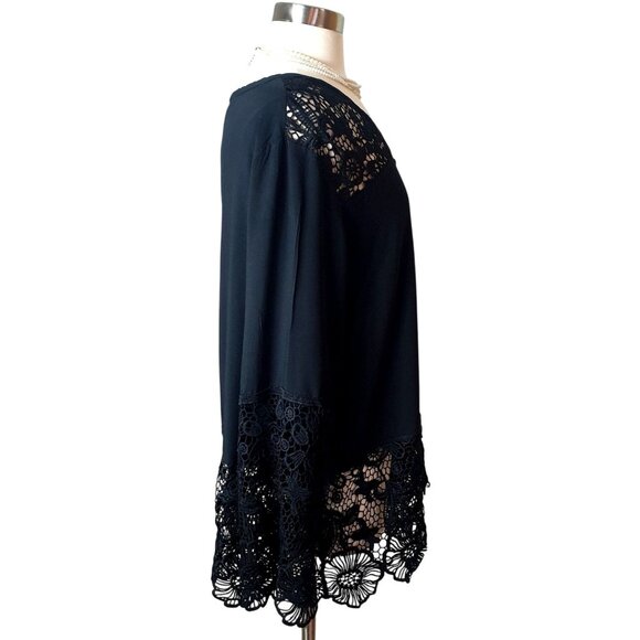 Solitaire Womens Tunic Top 1X Black Crochet Lace-Trim Button Down Cottagecore - Picture 4 of 6